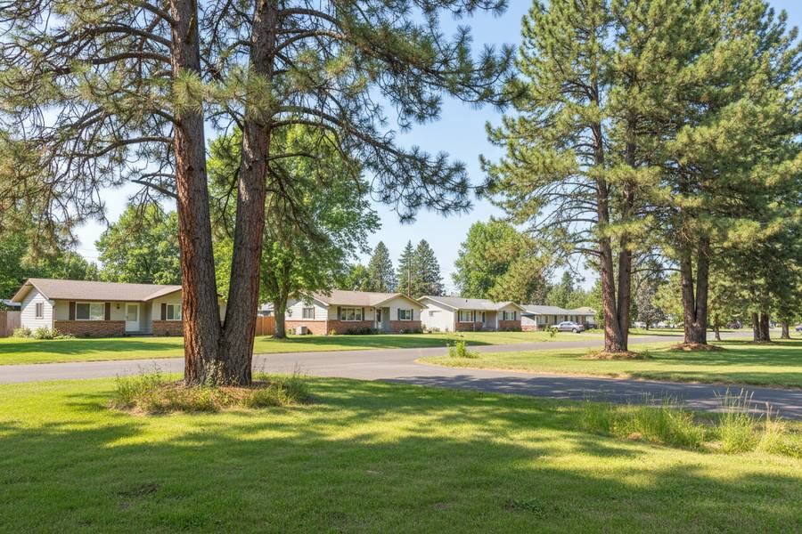 A quiet residential street in Deer Park, WA lined with tall ponderosa pines and single-story homes