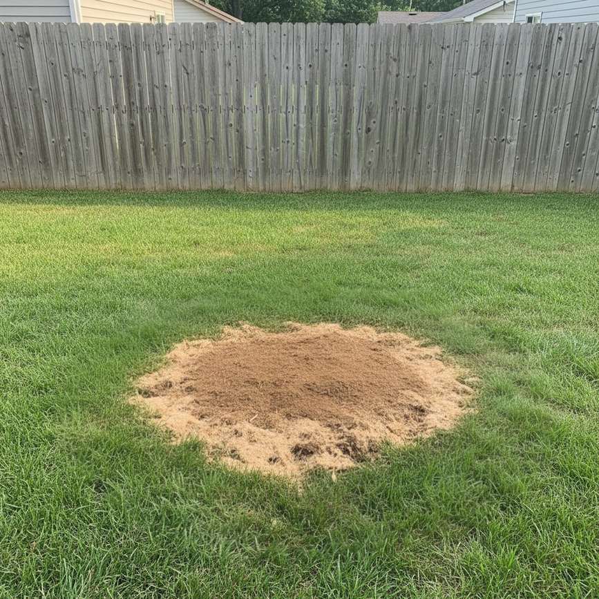 Illustrative example: the same spot with the stump fully ground out, leaving a flat patch of dirt and wood chips and no stump remaining