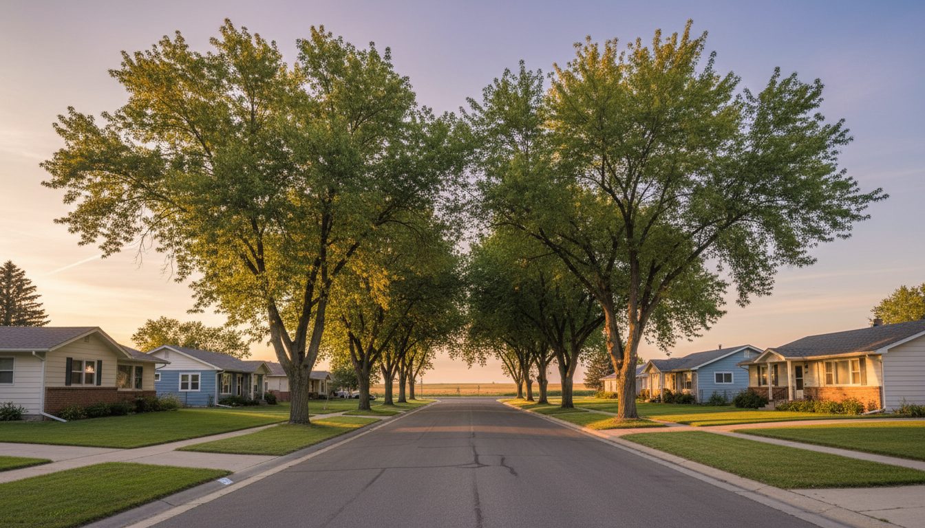 A tree-lined residential street in the Inland Northwest near Cheney, WA, with mature shade trees and open sky beyond