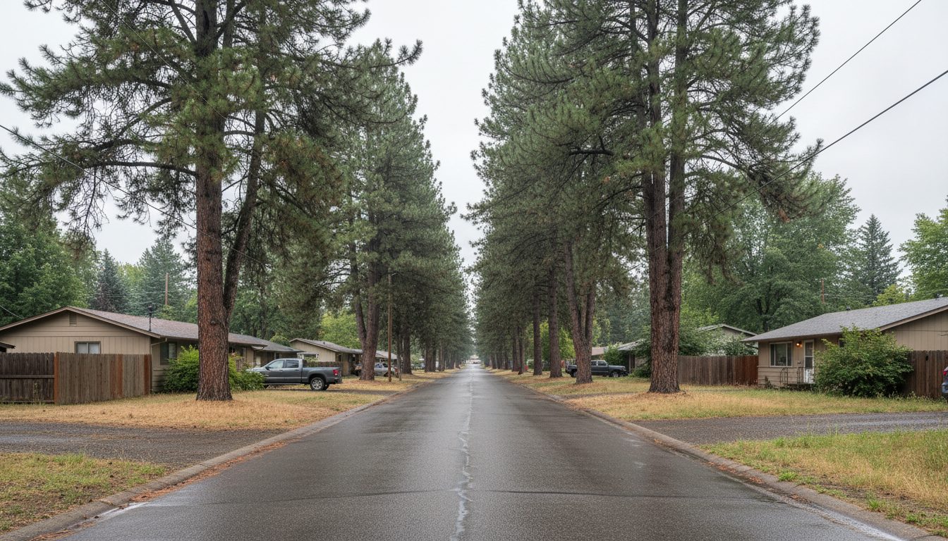 A ponderosa pine and Douglas fir-shaded residential street in the North Spokane corridor near Mead, WA