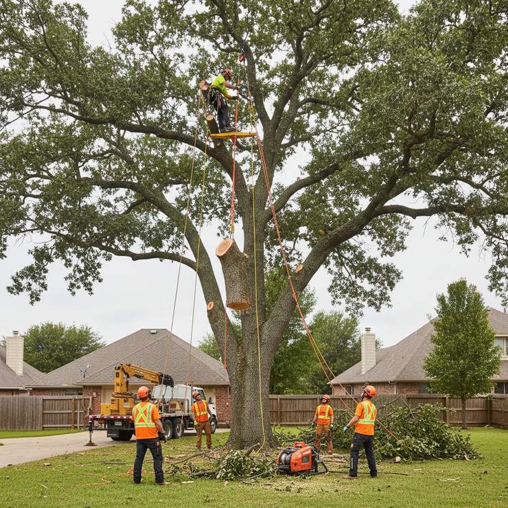 Large tree being sectioned and lowered with rigging ropes during removal